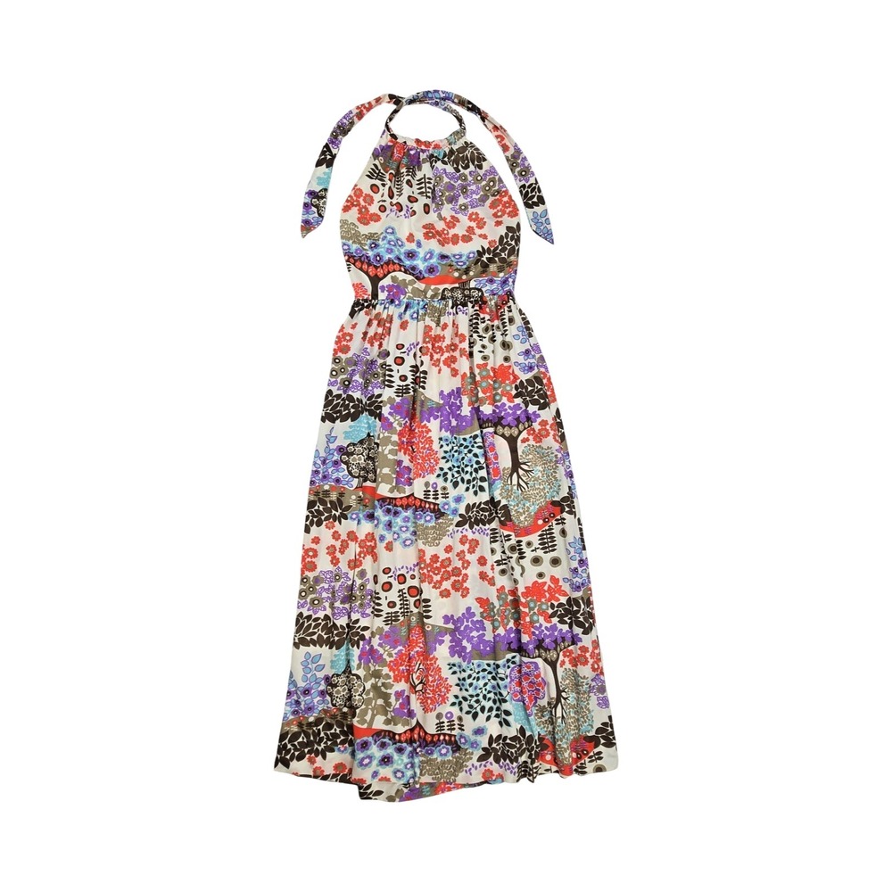VTG 60s, 70s Floral Tree Print Halter Maxi Dress Drop Waist Boho Botanical SM